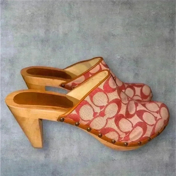 Coach Shoes - Coach women’s Y2K canvas felicity signature platform mules wooden heels size 9
